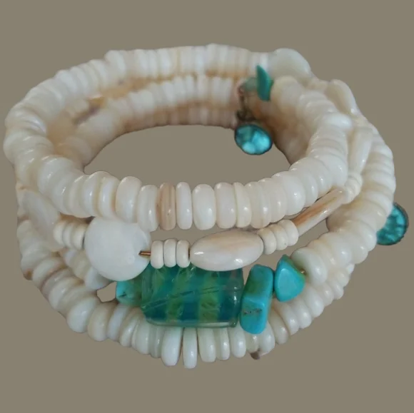 Hand Crafted Art Glass and Natural Shell Wrap Bracelet NWT - Picture 4 of 6